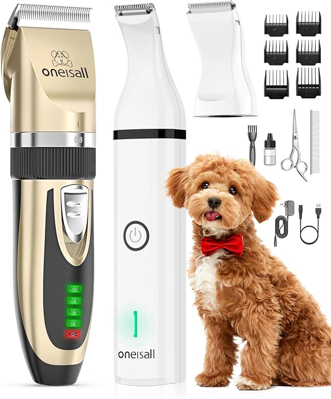 Oneisall 2-in-1 Cordless Dog Clippers and Paw Trimmer: Low Noise Groom