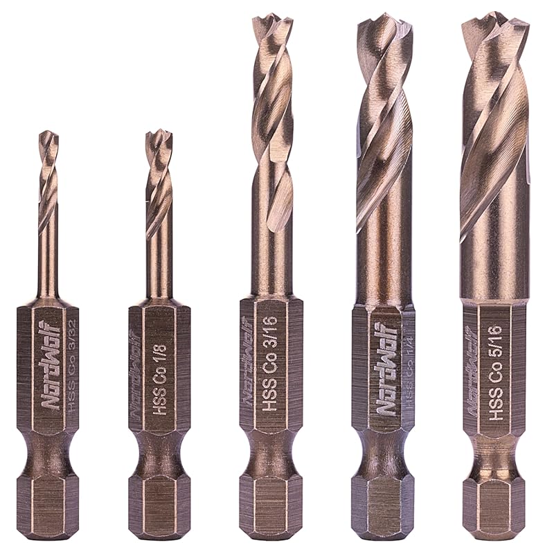 NordWolf 5-Piece M35 Cobalt Stubby Drill Bits for Stainless Steel and 