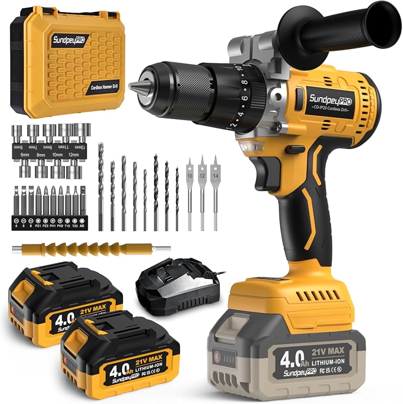 21V cordless hammer drill with 1060 in-lbs torque, brushless motor, an