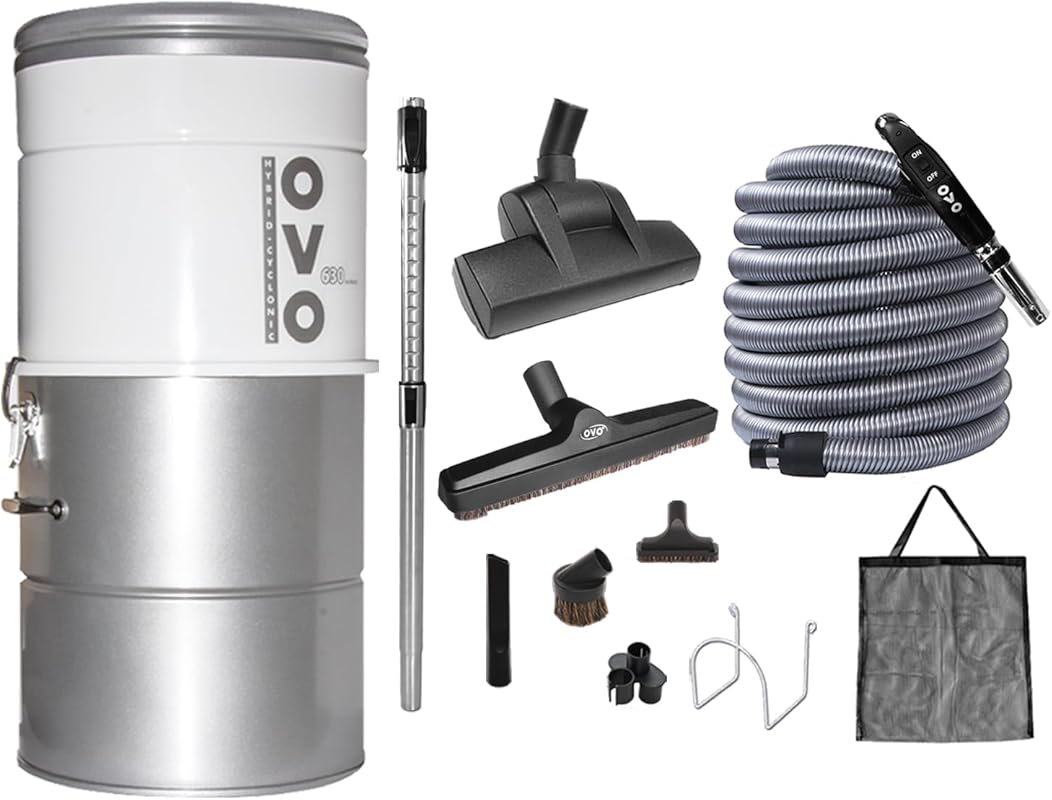 OVO 630 Airwatts Central Vacuum: Large Powerful, Hybrid Filtration, 25