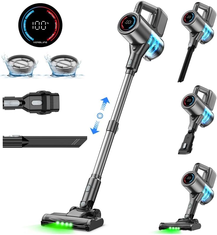 Cordless stick vacuum with 40KPa suction, self-standing design for har