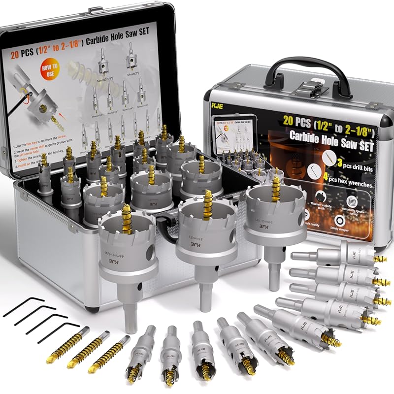 KJE 20 in 1 Carbide Hole Saw Kit for Metal - Heavy Duty TCT Hole Cutt