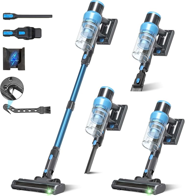Max 580W Powerful Cordless Stick Vacuum: 55kPa Suction, 60-Minute Runtime, Anti-Tangle Brush, Green Light, Self-Standing for Hardwood, Carpet, Pet Hair