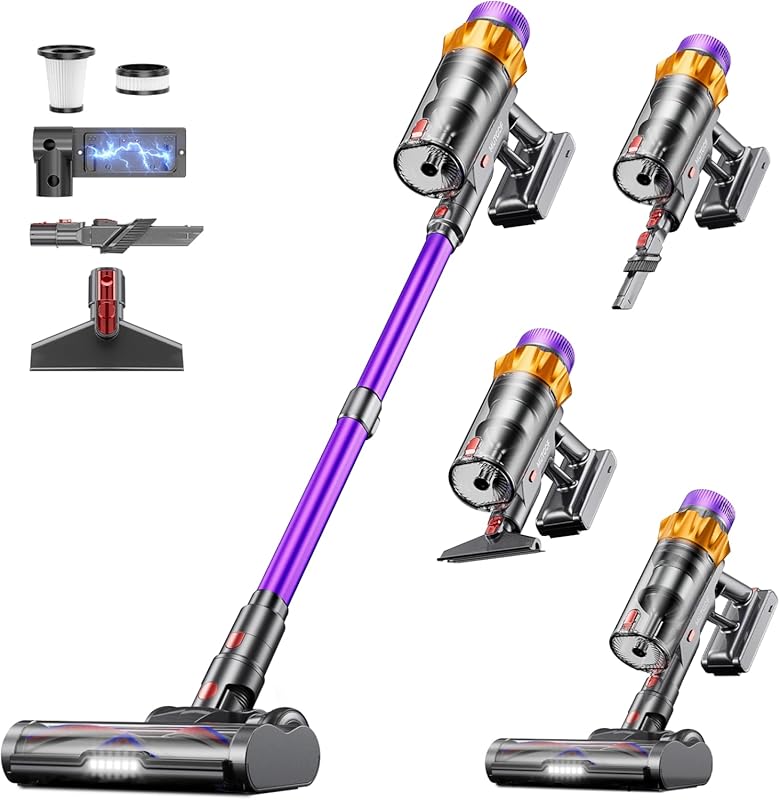 Cordless vacuum with 55KPa suction and 70-minute runtime, self-standin