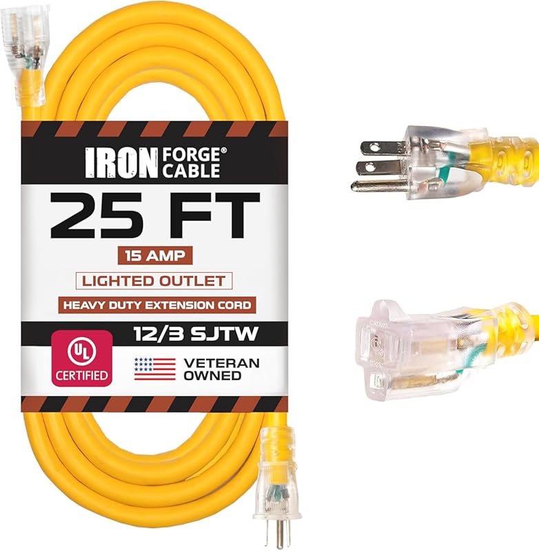 IRON FORGE CABLE 25 ft Lighted Outdoor Extension Cord 12/3 SJTW Heavy