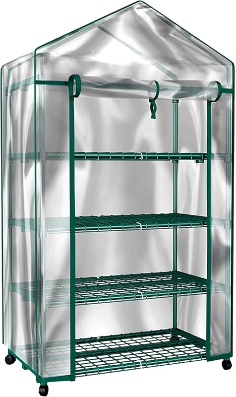 Pure Garden 4-Tier Mini Greenhouse with Locking Wheels, PVC Cover – Po