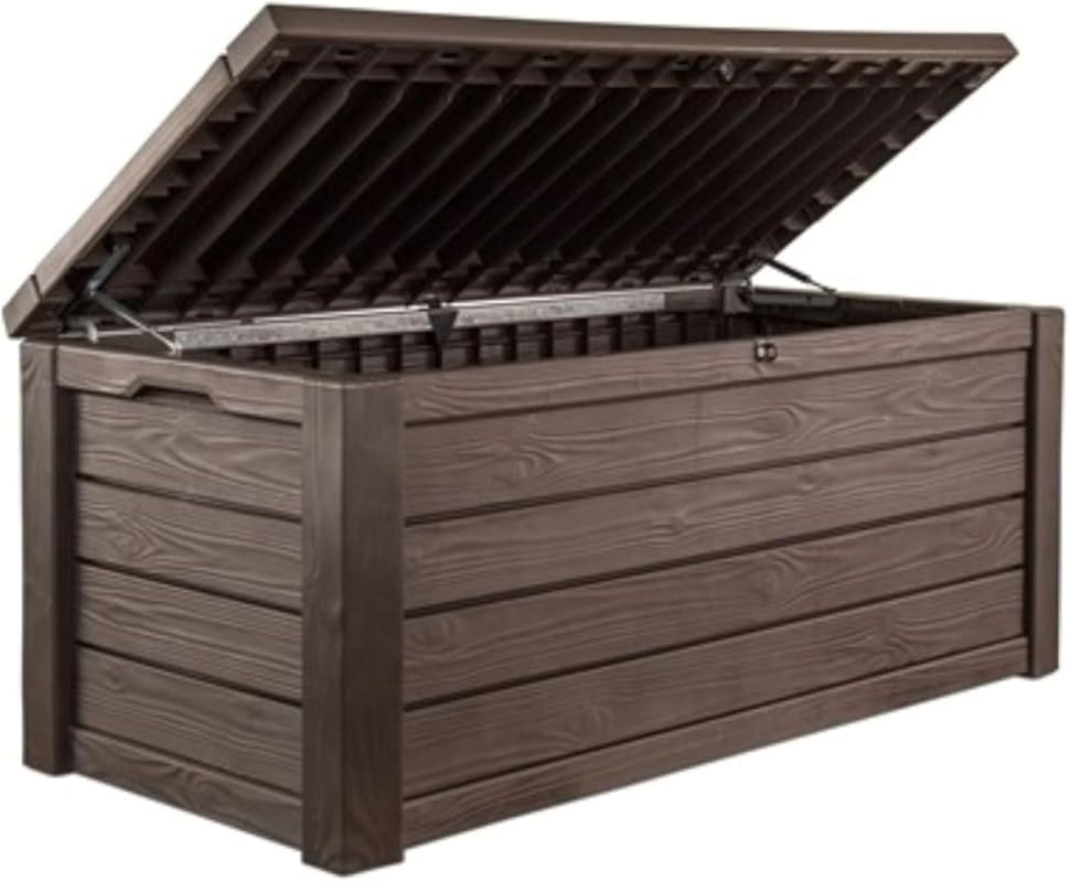 Keter Westwood 150-Gallon Resin Deck Box Organizer doubles as bench se