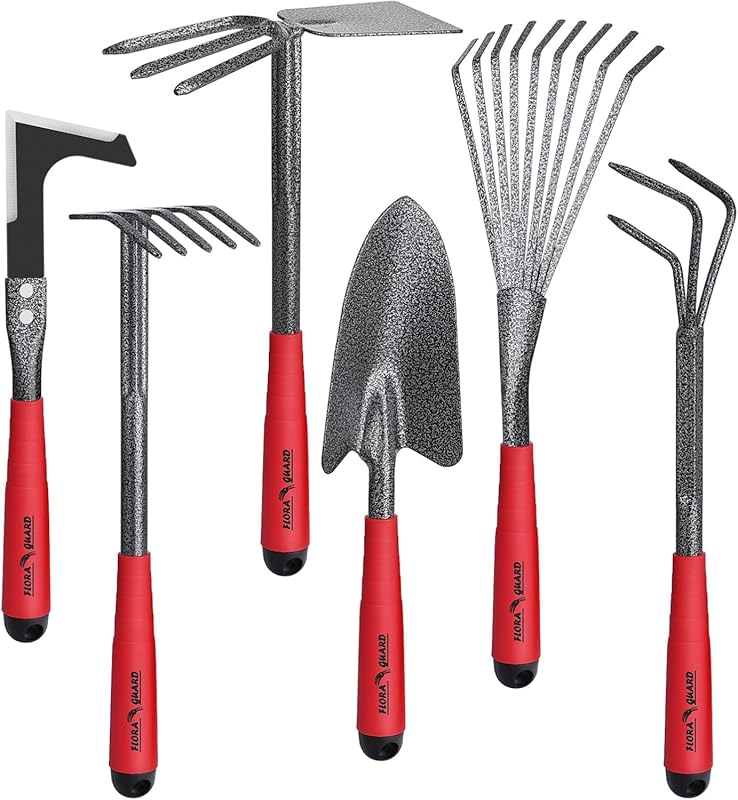 FLORA GUARD 6-Piece Garden Tool Set – Heavy Duty Trowel, Rake, 2-in-1 