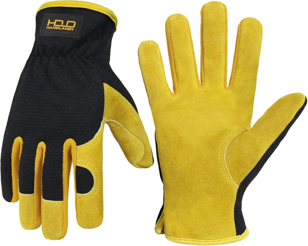 HANDLANDY Men's Leather Gardening Gloves - Utility Work Gloves for Mec