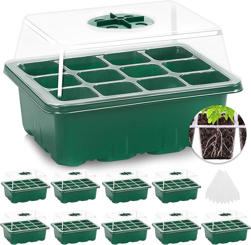 MIXC 10-Pack Seed Starter Tray Kit – 120-Cell Total with Humidity Dome