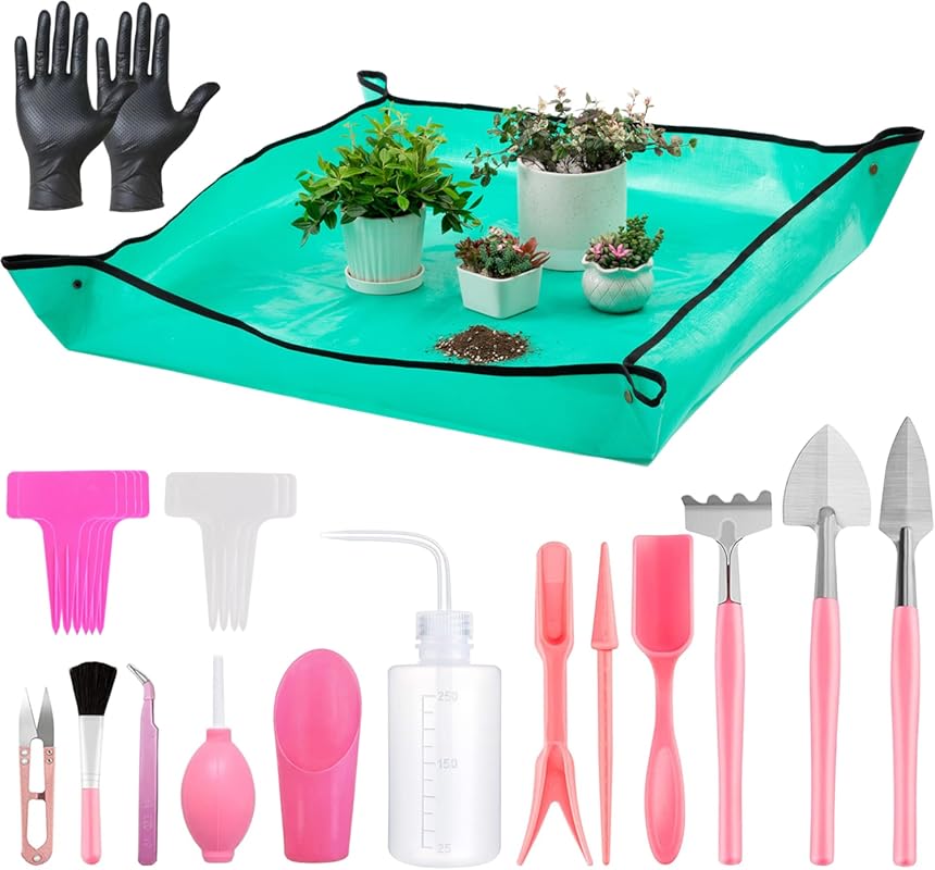 Melphoe Mini Succulent Tool Kit: 25-Piece with Repotting Mat, Plant Ta