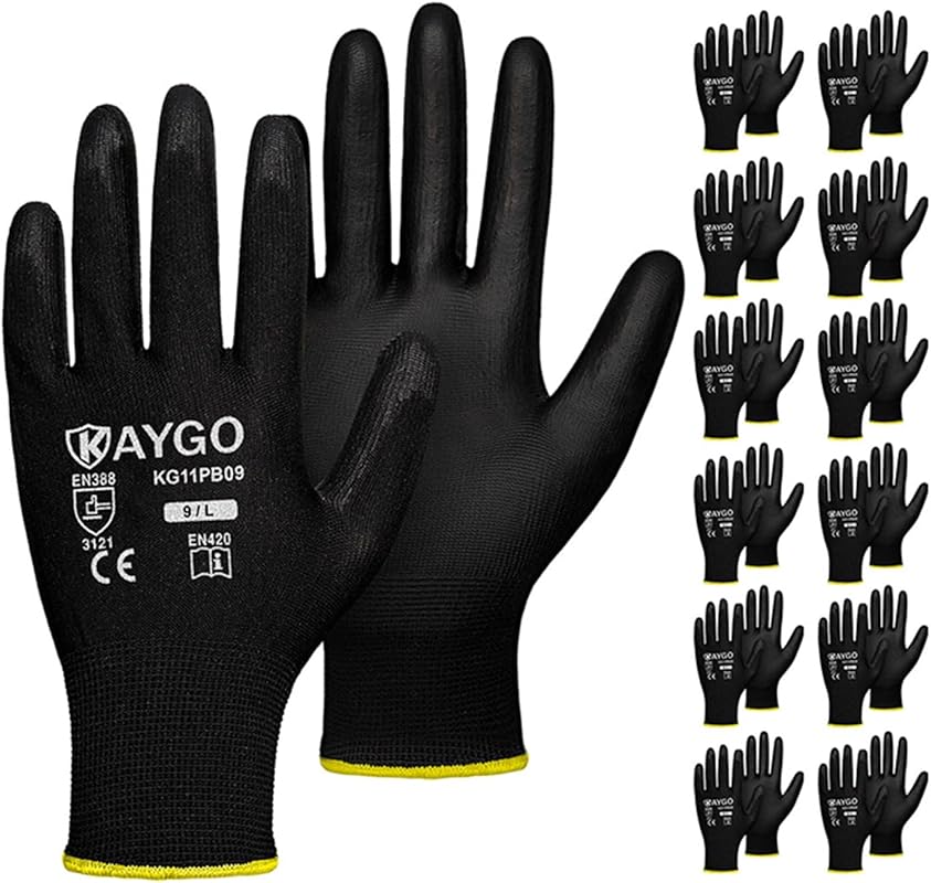 KAYGO KG11P Safety Gloves - 12 Pairs Seamless Knit PU Coated Smooth Gr