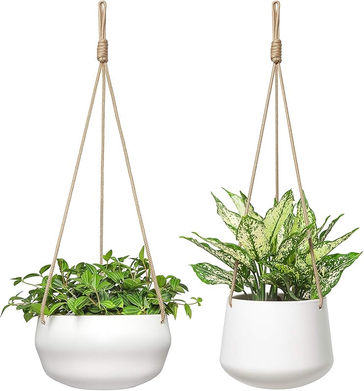 Mkono Ceramic Hanging Planters Set: 8-Inch Shallow and 6-Inch Deep wit
