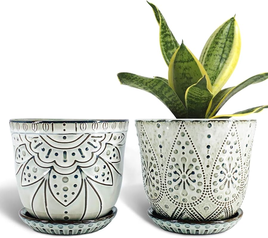 Gepege 2-Pack 6-Inch Beaded Ceramic Planters with Drainage and Saucer 