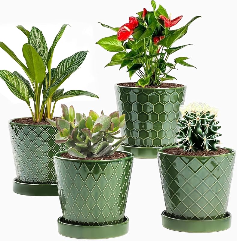 EFISPSS 5-Inch Ceramic Flower Planter 4-Piece with Drainage and Cerami