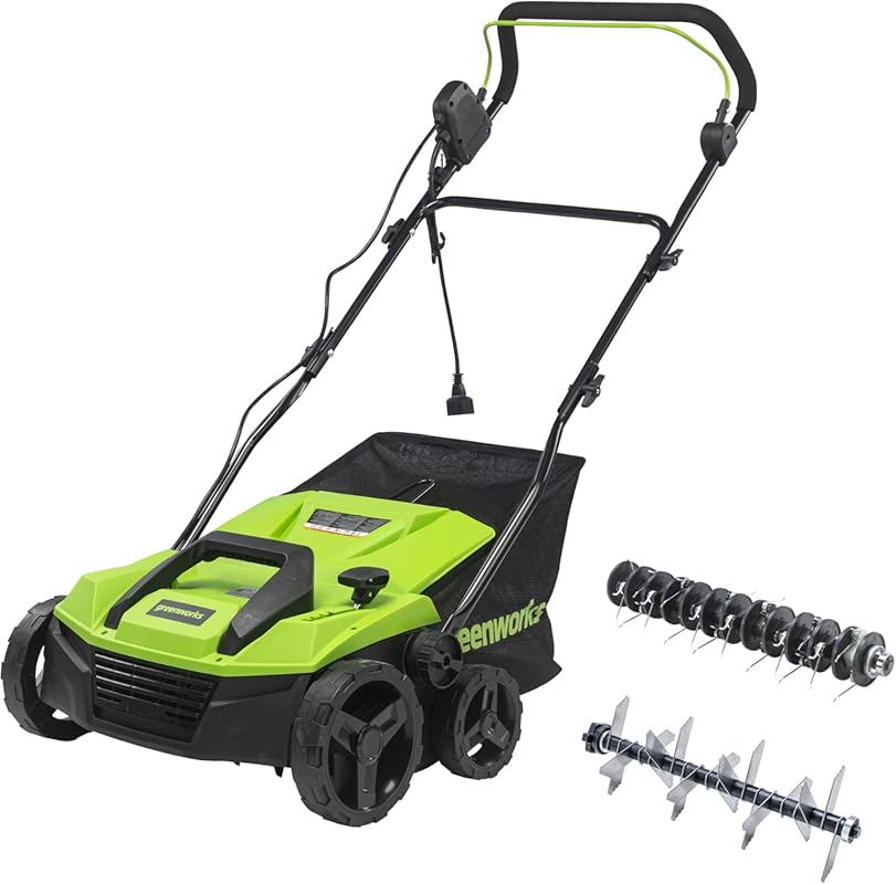 Greenworks DT13B00 14-Inch 13-Amp Corded 2-in-1 Dethatcher and Scarifi