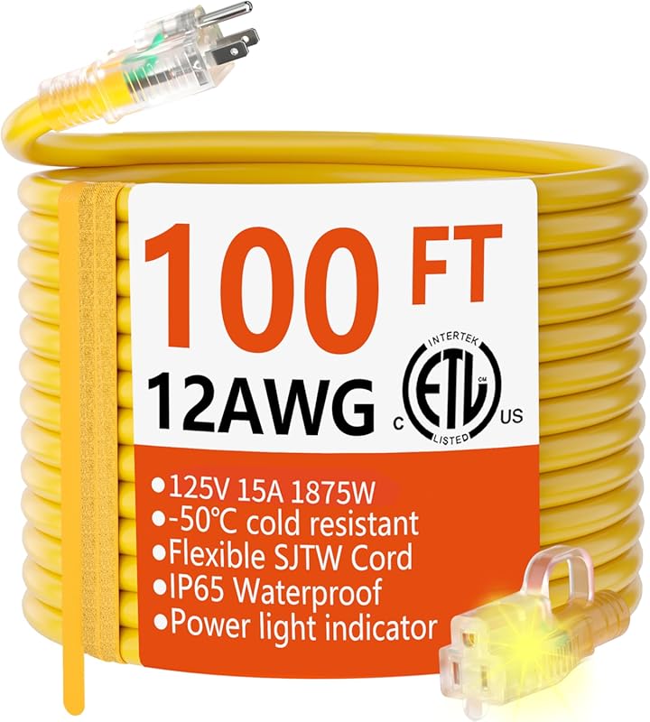 HUANCHAIN 100 ft Heavy Duty Outdoor Extension Cord with Lighted End, W