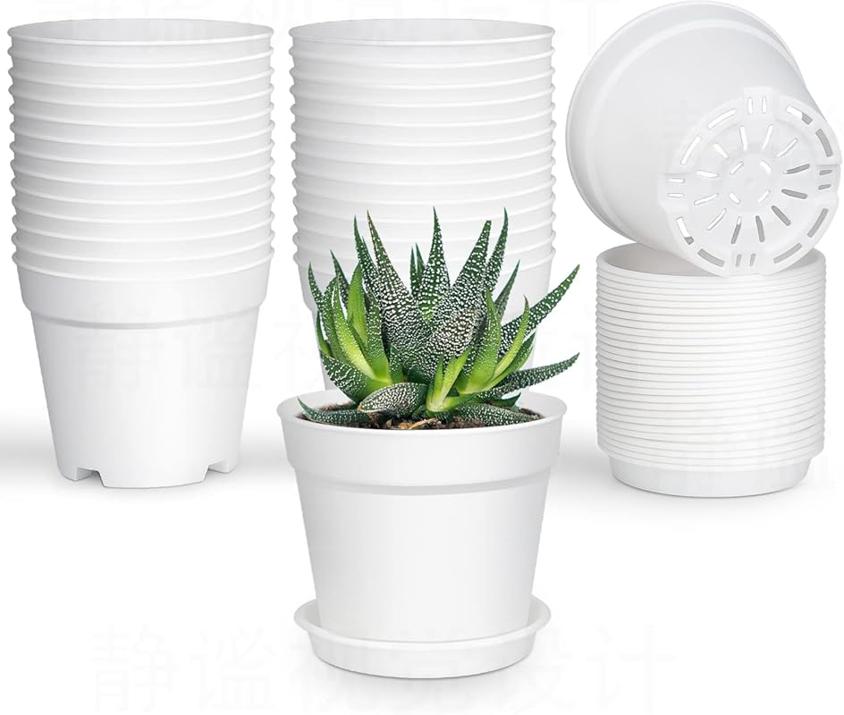 28-Pack 4-Inch White Plastic Plant Pots with Drainage and Saucers for 