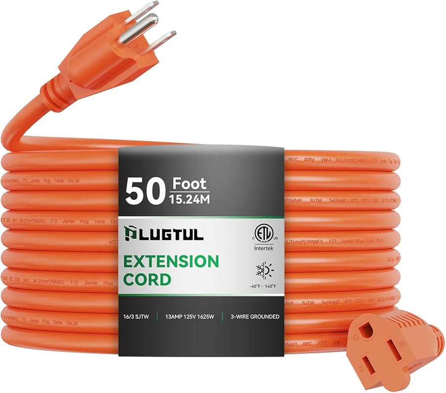 50 ft 16/3 Heavy Duty Outdoor Extension Cord Waterproof 3 Prong for Ga