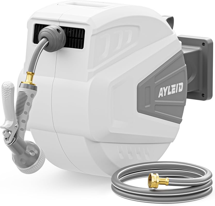 Ayleid Retractable Garden Hose Reel 100ft 1/2 Wall Mount 9-Function No