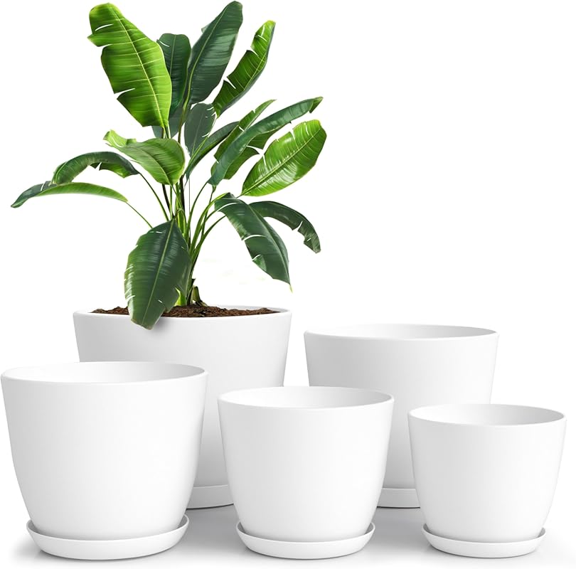 Utopia Home 5-Pack White Plastic Plant Pots with Drainage Holes – Mode