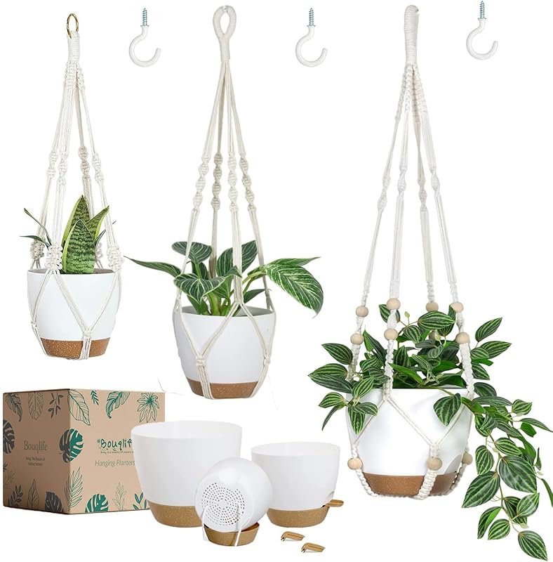 3-Piece Macrame Hanging Planters with Self-Watering Pots for Indoor Ou