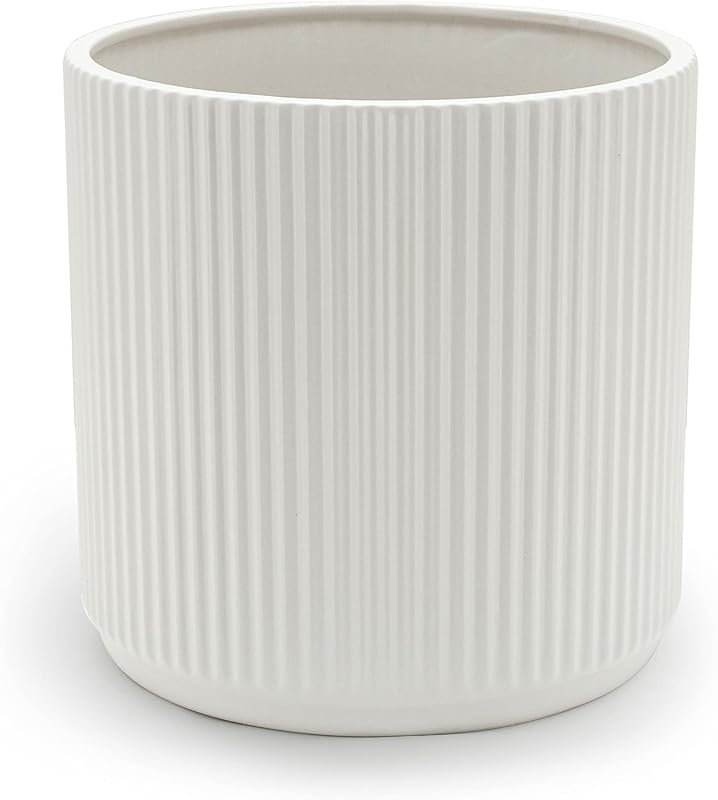 Amazon Basics Fluted Ceramic Round Planter - 8-Inch White Modern Indoo