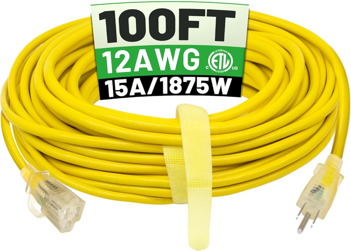 POWGRN 100 ft Heavy Duty Outdoor Extension Cord with Lighted Indicator