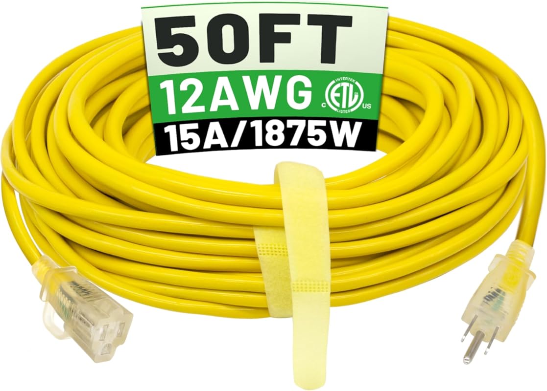 POWGRN 50 ft Heavy Duty Outdoor Extension Cord with Lighted Indicator