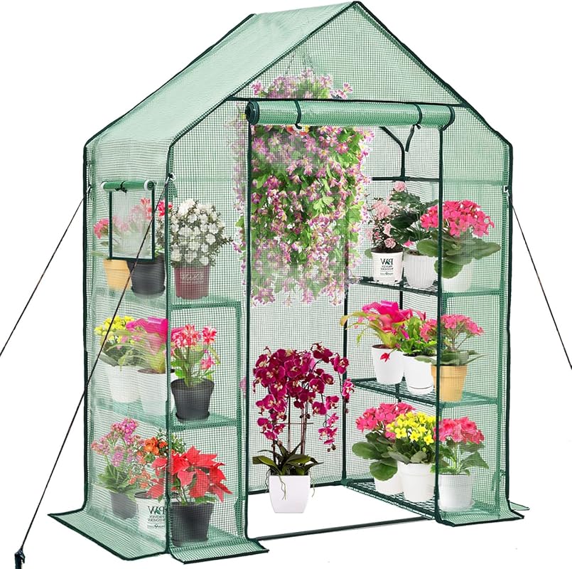 Outdoor Walk-in Greenhouse with Mesh Windows, 3-Tier 6-Shelf, PE Cover
