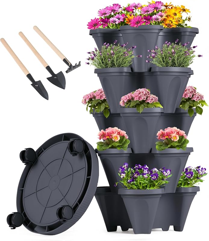 GameXcel 5-Tier Stackable Planters with Wheels and Tools - Planter for