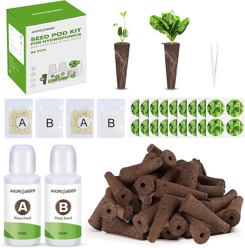 Ahopegarden 86-Piece Hydroponic Pods Kit with A&B Plant Food, Sponges,
