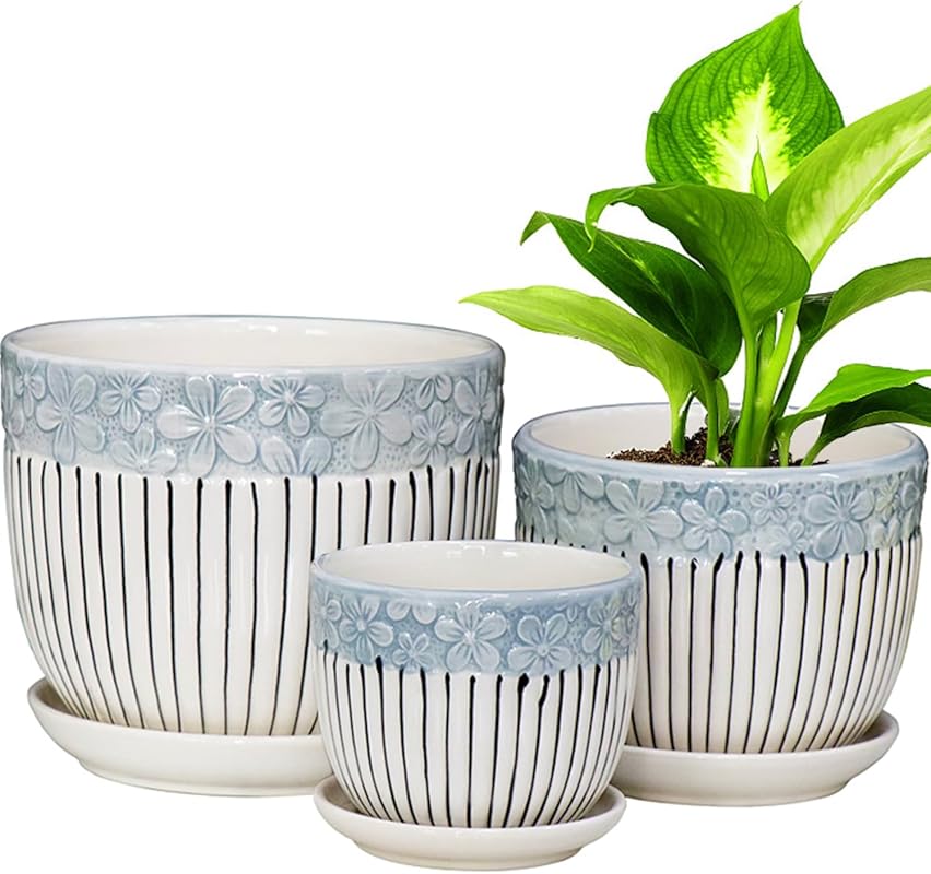3-Piece Ceramic Plant Pots with Drainage and Saucer - 6.75/5.6/4.2 Inc