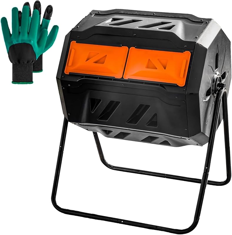 Hourleey 43-Gallon Dual Chamber Tumbling Composter with Sliding Doors,