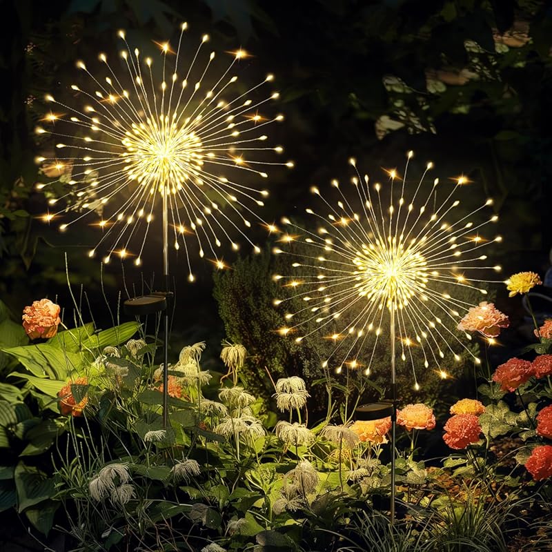 GIGALUMI 2-Pack 120 LED Solar Fairy Firework Lights for Christmas, Gar