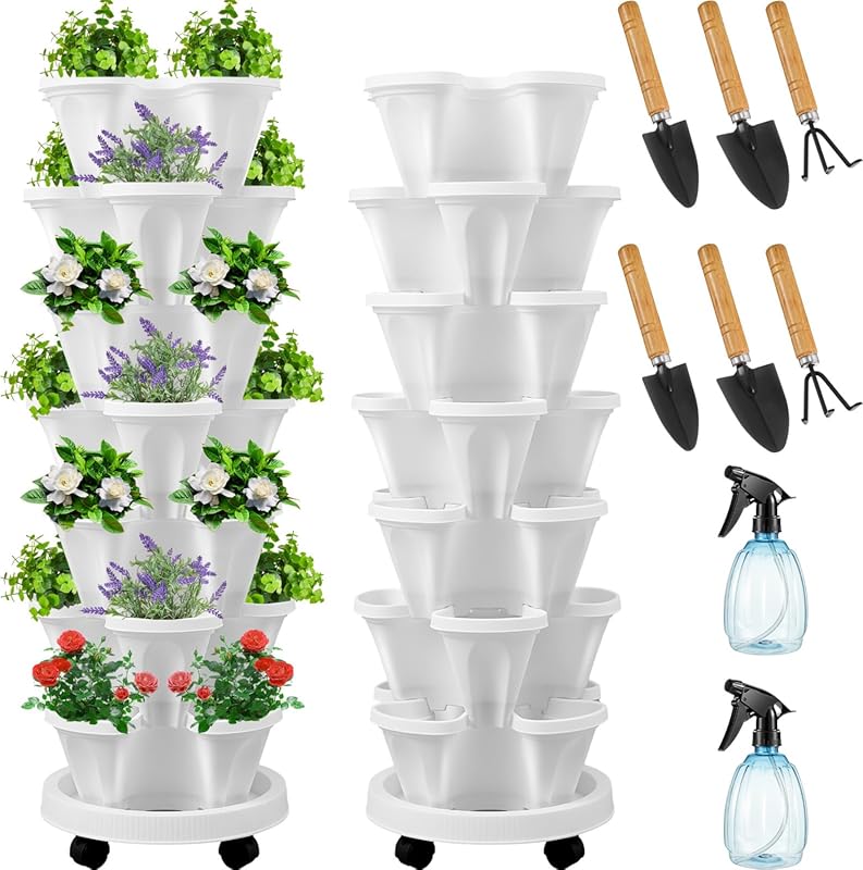 Umigy 7-Tier Vertical Planters (2 Set) with Wheels and Tools for Straw