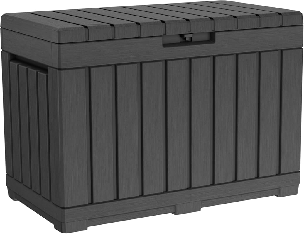 Keter Kentwood 50-Gallon Resin Deck Box provides weather-resistant sto