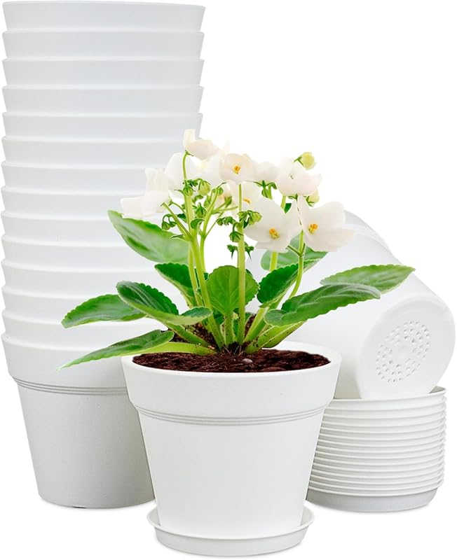 16-Pack 6-Inch White Plastic Nursery Pots with Drainage and Saucers – 