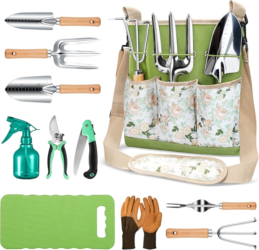 11-Piece Garden Tool Set – Heavy Duty Ergonomic Crossbody Bag, Rust-Pr