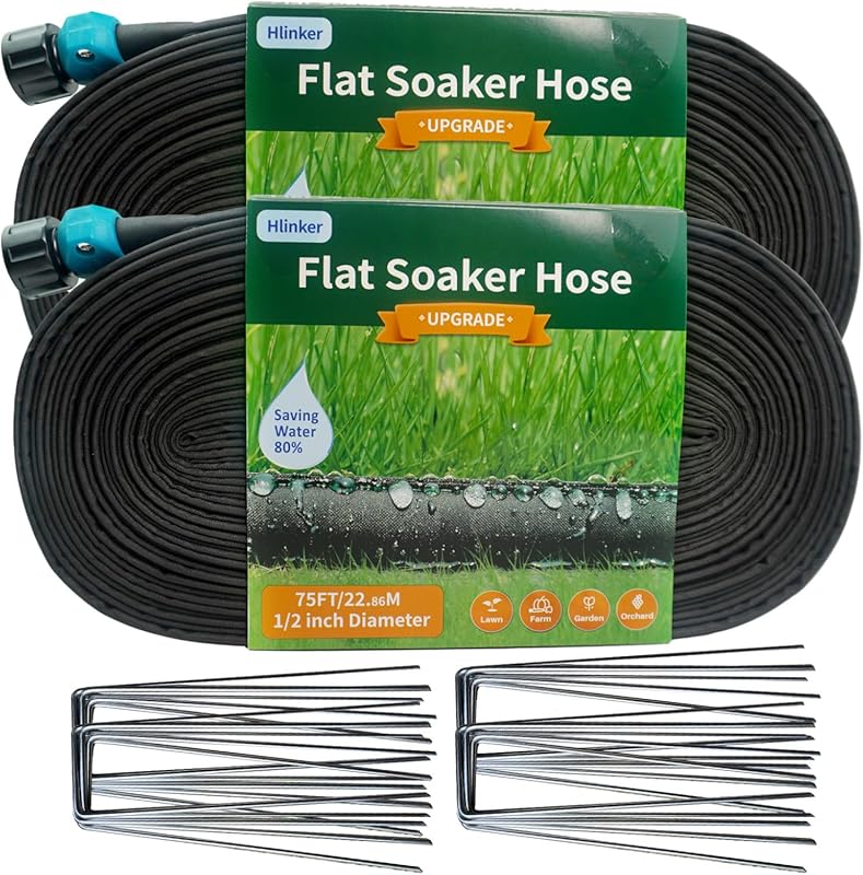 150FT (2 x 75FT) Linkable Flat Soaker Hose with Stakes, DIY Automates