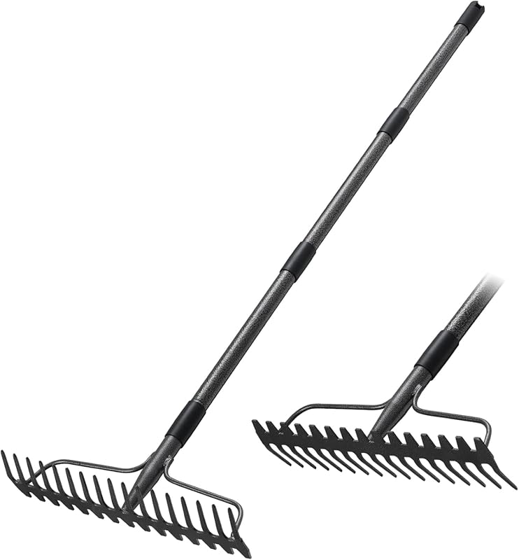 63 Inch Heavy Duty Metal Bow Rake with 17 Tongs for Loosening and Leve