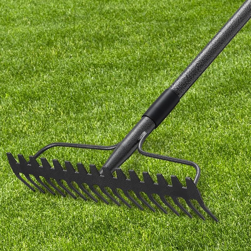 63 Inch Bow Rake Heavy Duty 17 Tines Metal Head Stainless Steel Handle