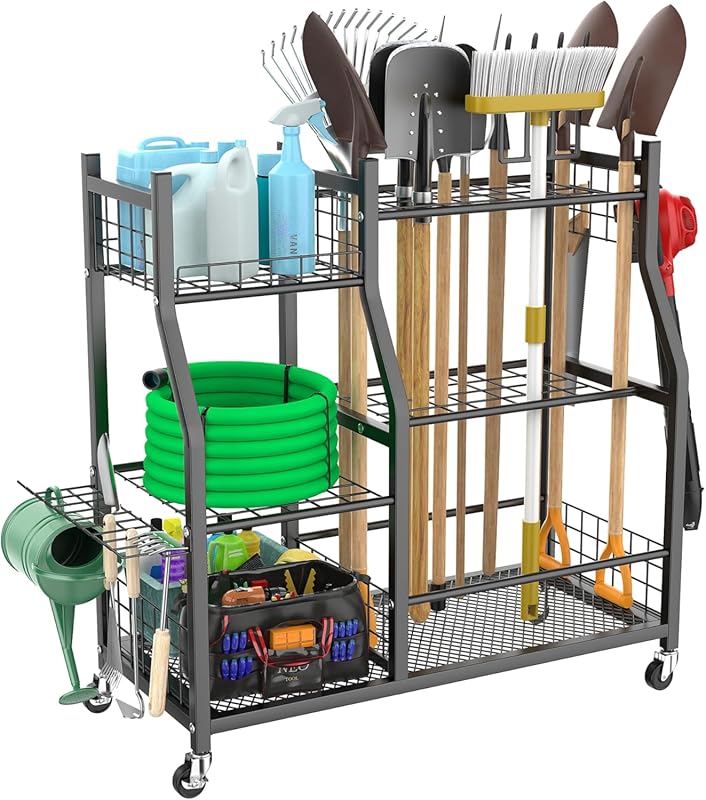 WALMANN Wheeled Garden Tool Organizer for Garage, Shed - Large Rolling