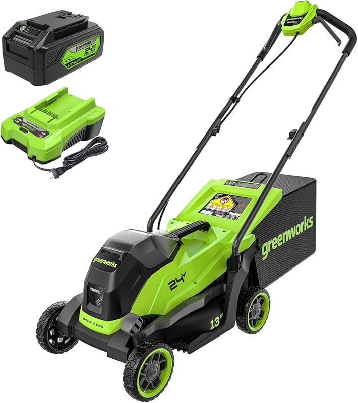 Greenworks 24V 13-inch brushless cordless lawn mower, push design, inc