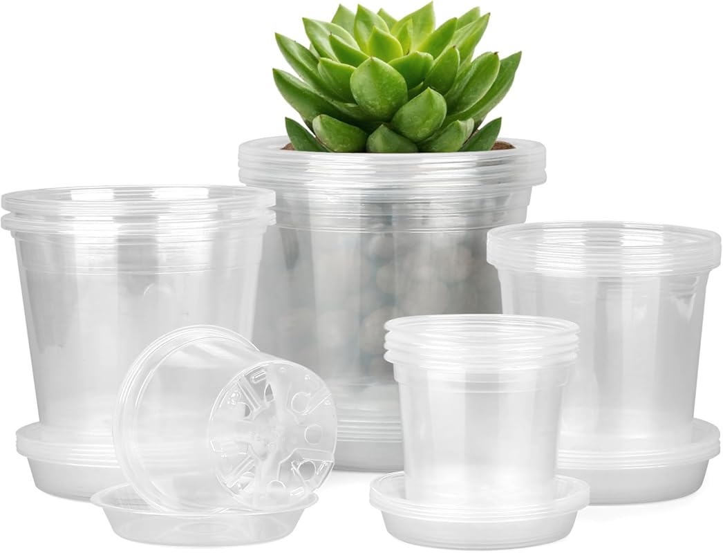 20-Pack Clear Nursery Pots with Saucers and Drainage – 4/5/6/7 Inch Va