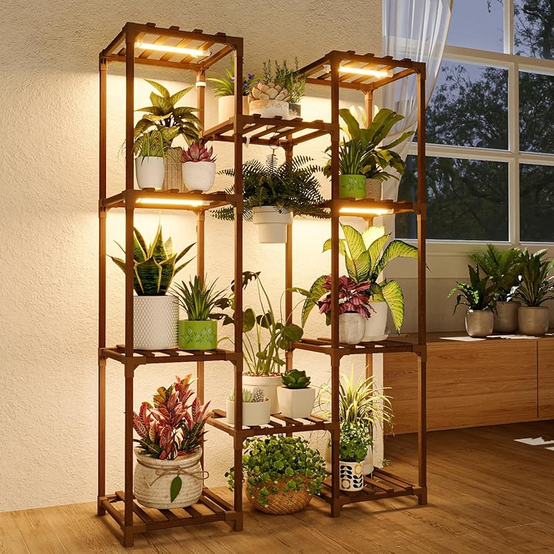 Bamworld Plant Stand with Integrated Grow Light Shelf for Multiple Pot