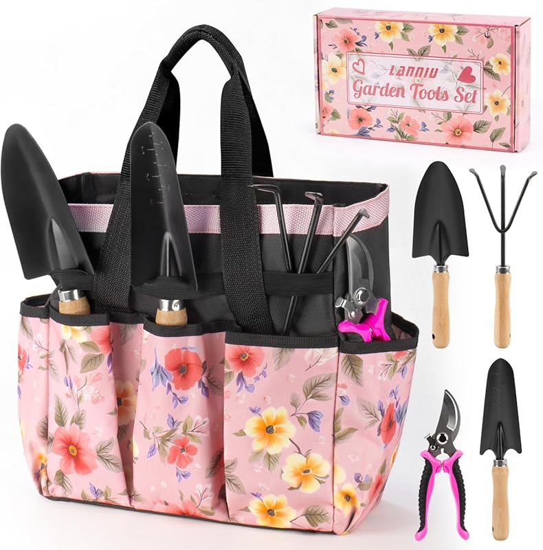 5-Piece Pink Garden Tool Set for Women with Floral Garden Bag – Ideal 