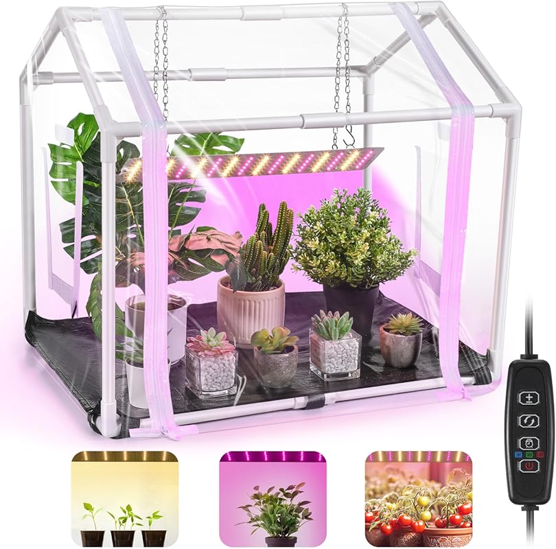 Meonum Mini Greenhouse with Grow Light, Timer, 3 Light Color Modes for