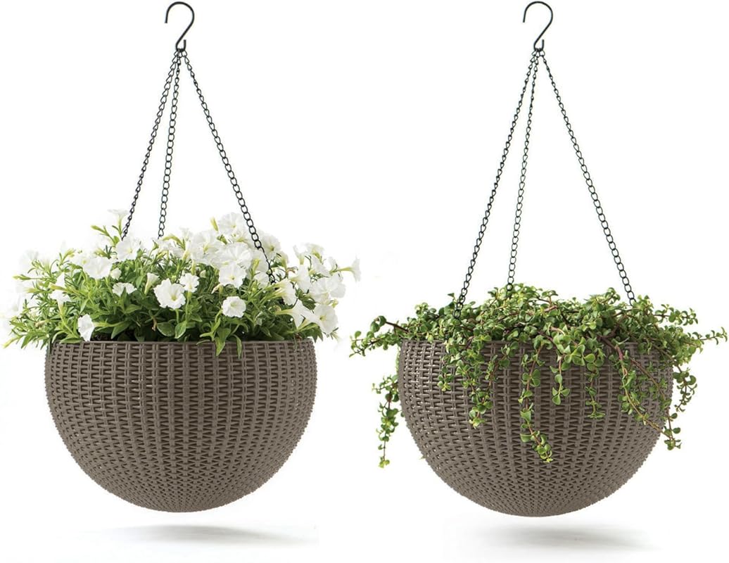 Keter 2-Pack Round Resin Rattan Hanging Planter Baskets for Plants, Pe