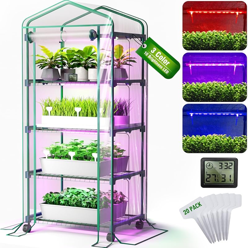 PYY Mini Greenhouse with Grow Light: Portable on Wheels, Thermometer, 
